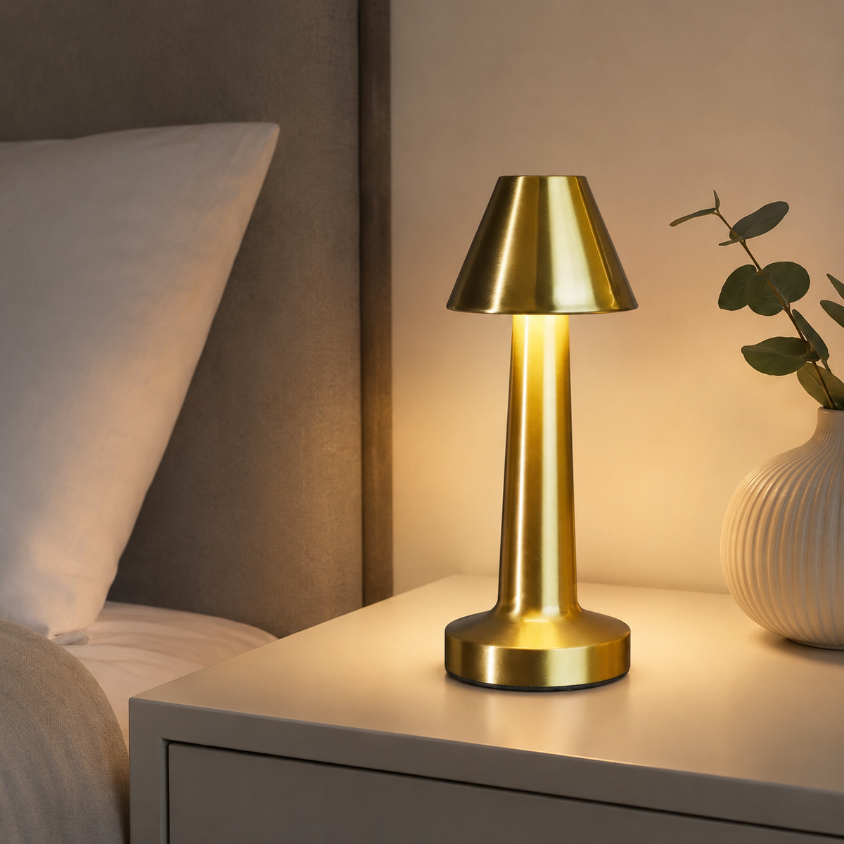 Gold cordless LED table lamp glowing on a bedroom nightstand