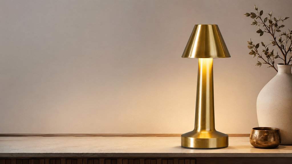 MahMir Classic Cordless LED Table Lamp in gold on a marble sideboard
