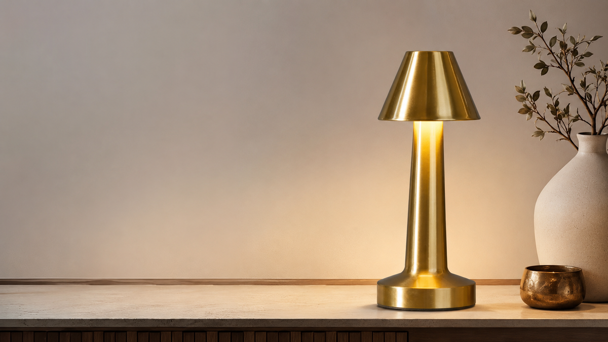 MahMir Classic Cordless LED Table Lamp in gold on a marble sideboard