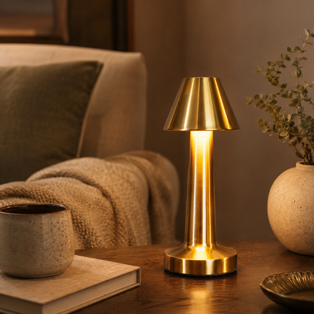 Gold rechargeable table lamp glowing warm on a living room side table