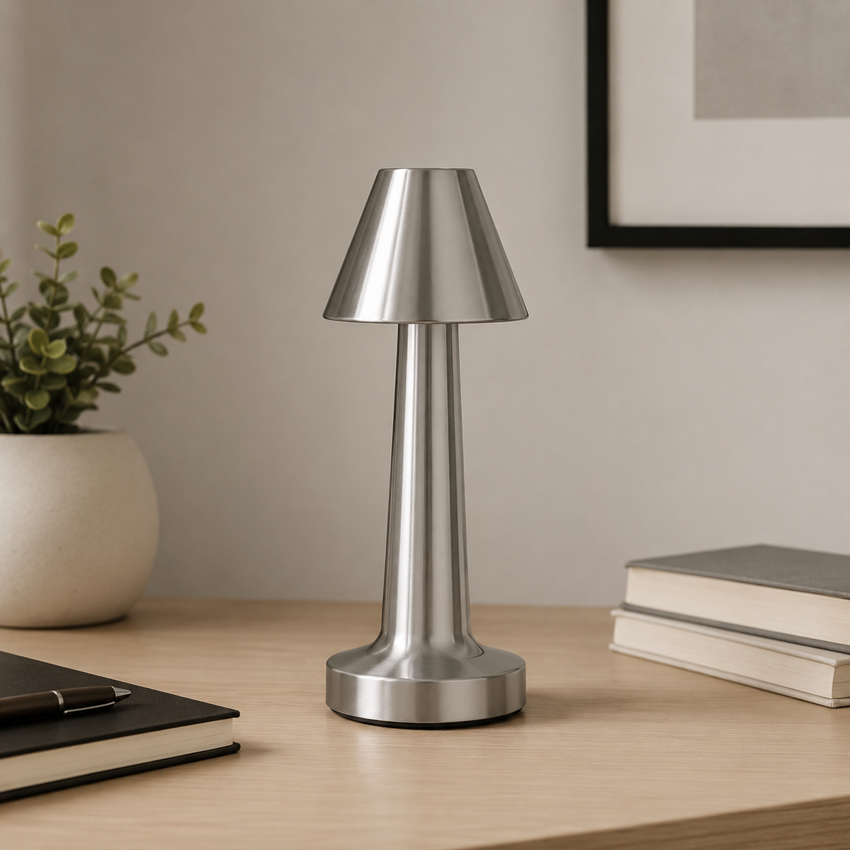 MahMir Classic Rechargeable Cordless LED Table Lamp in silver on a desk