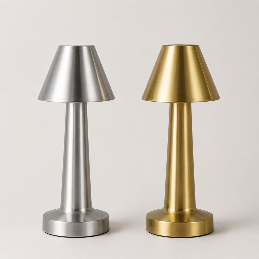 Classic cordless LED table lamp in silver and gold finishes side by side