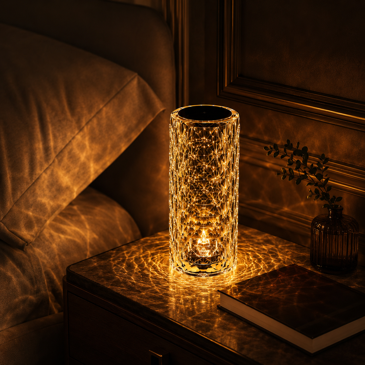 Crystal diamond lamp in amber light casting patterns on a nightstand