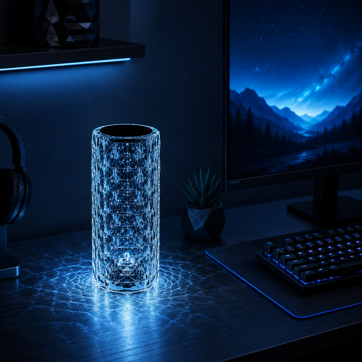 Crystal diamond lamp in blue light beside a mechanical keyboard