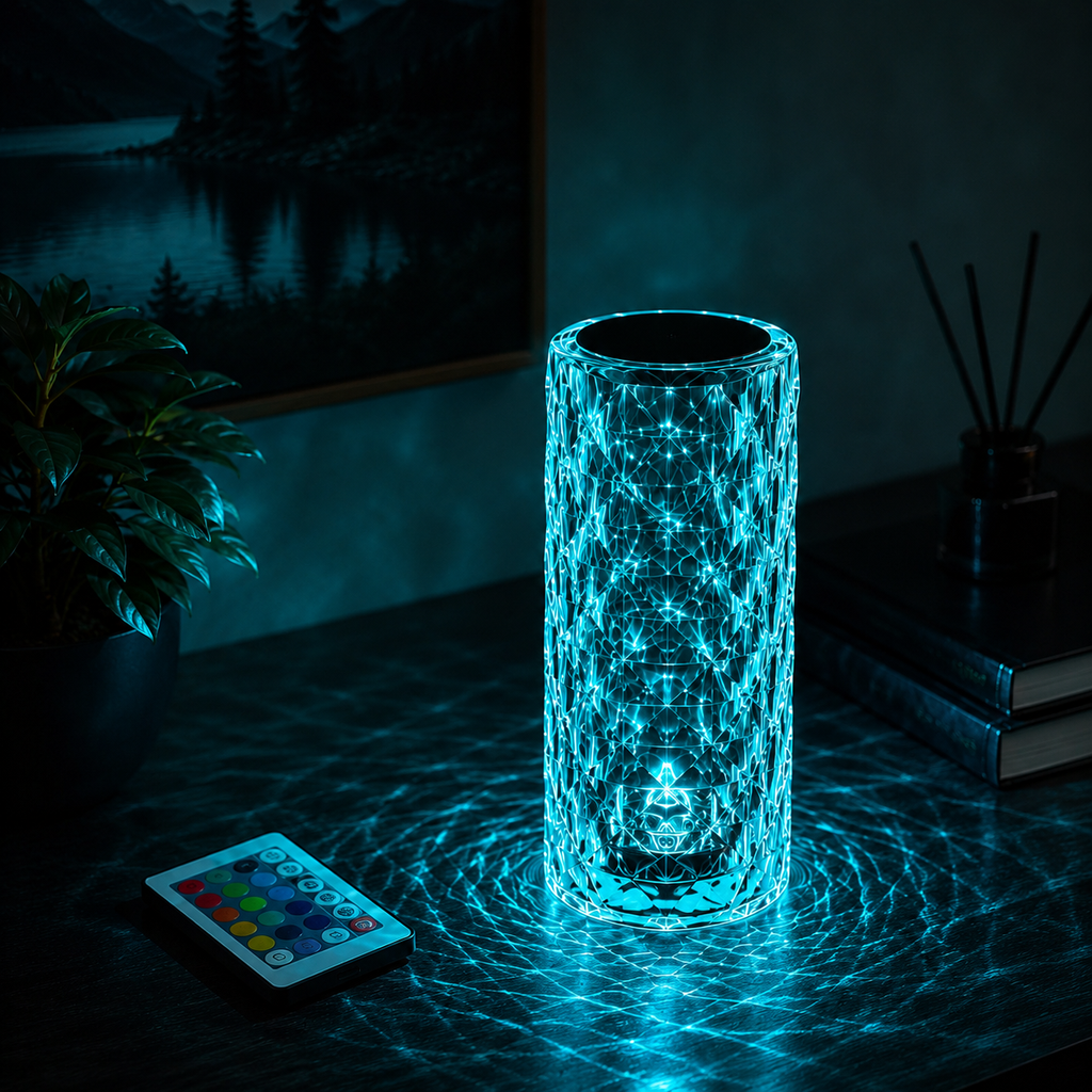 MahMir Crystal Diamond Table Lamp in cyan light with its color remote control