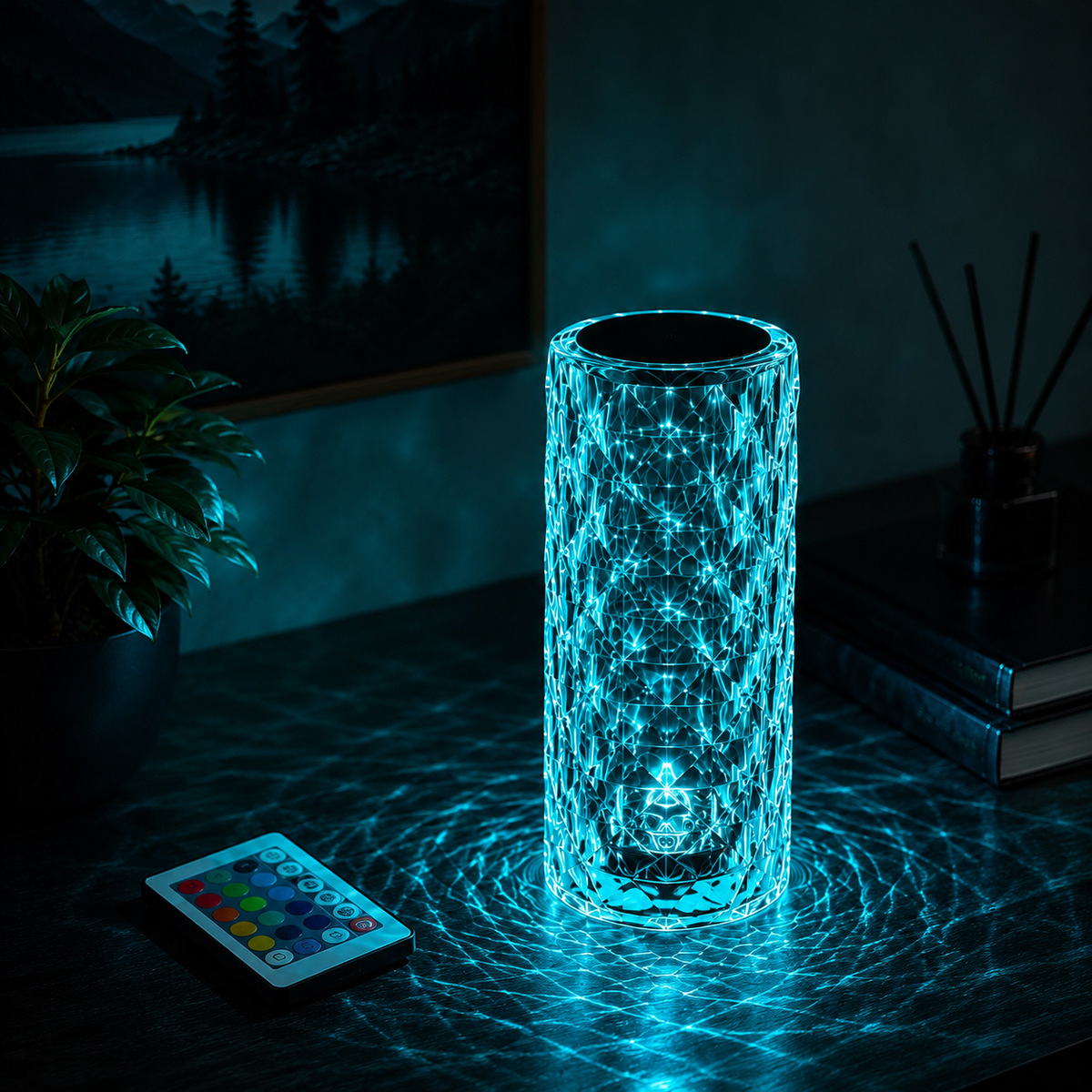 MahMir Crystal Diamond Table Lamp in cyan light with its color remote control