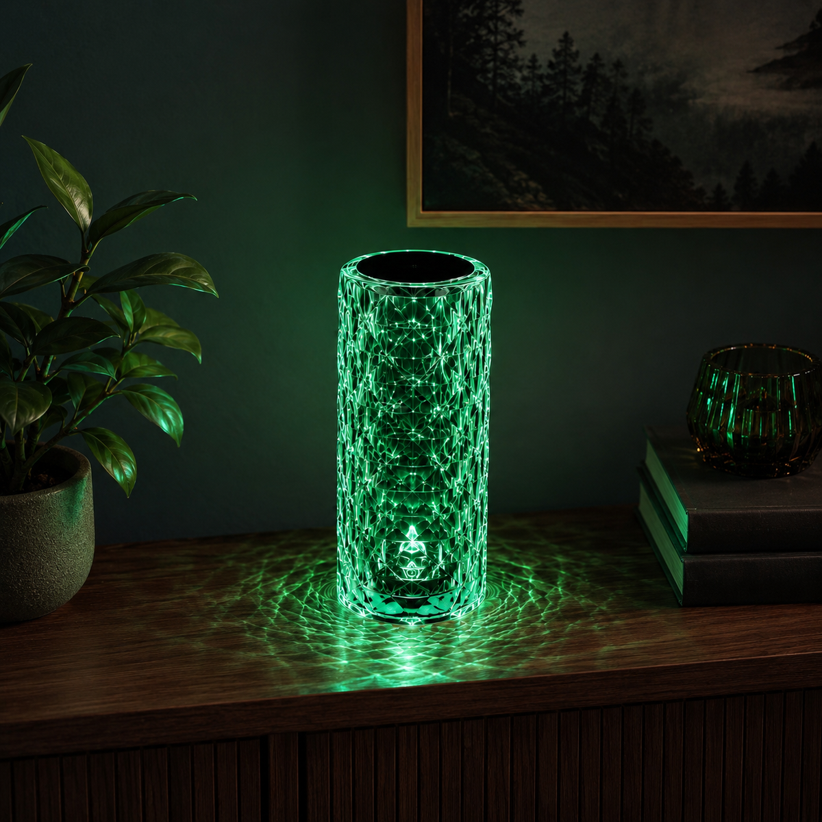 Crystal diamond table lamp glowing green on a wooden sideboard