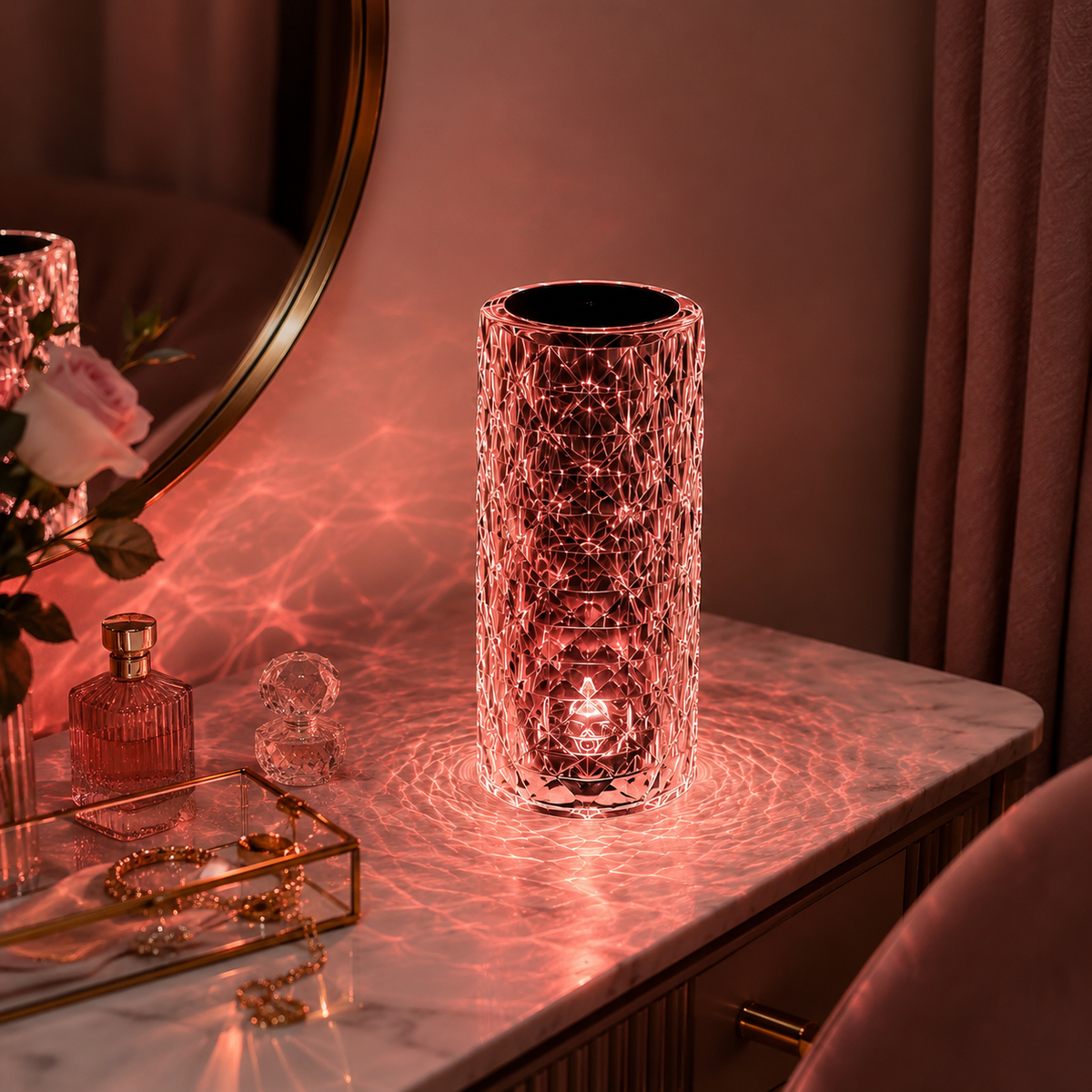 MahMir Crystal Diamond Table Lamp in pink light on a vanity dresser