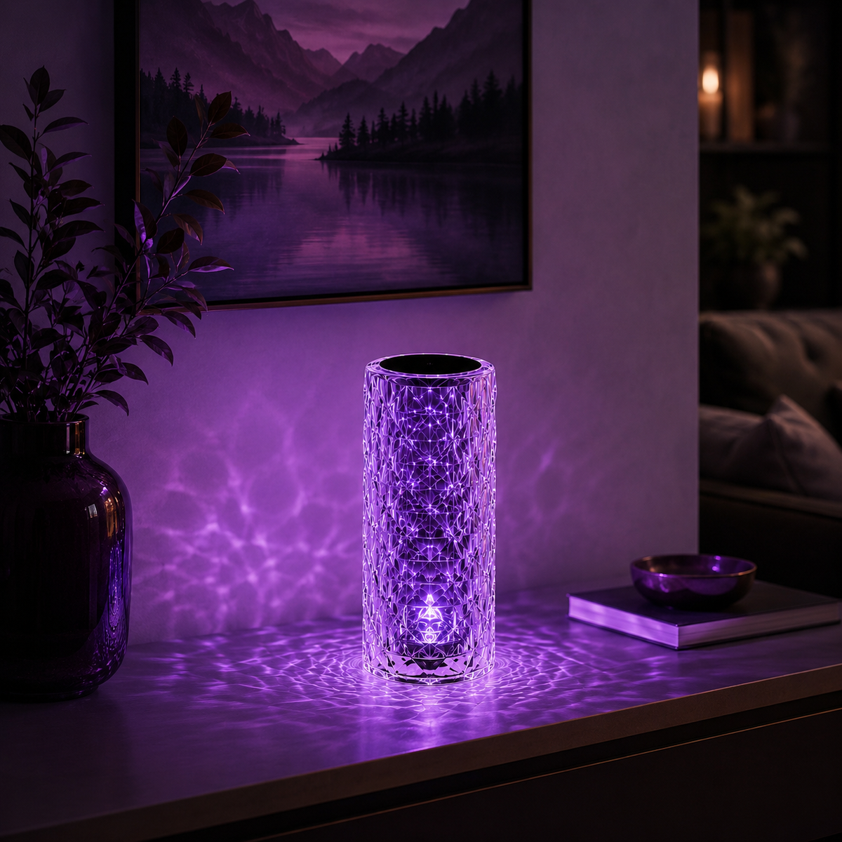 MahMir Crystal Diamond Table Lamp in purple light on a bedroom shelf