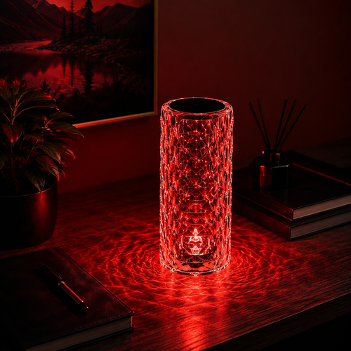 MahMir Crystal Diamond Table Lamp glowing red with ripple light patterns on a desk
