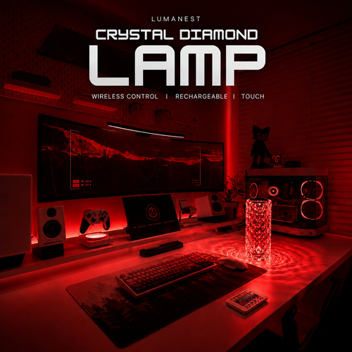 Crystal Diamond Table Lamp glowing red on a gaming desk with remote control