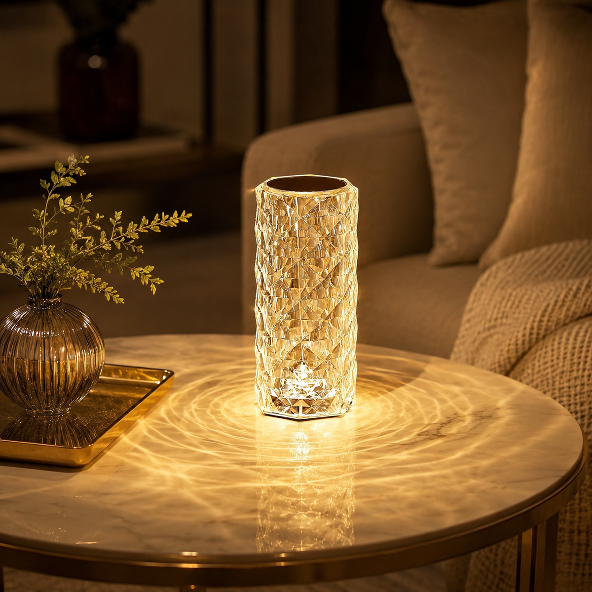 Crystal Diamond Table Lamp in warm white light on a gold-trimmed coffee table