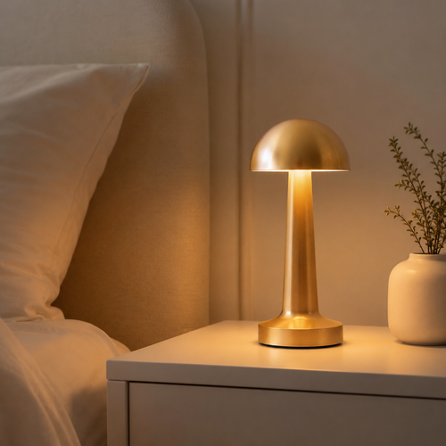 MahMir Dome Cordless Rechargeable LED Table Lamp in gold on a bedroom nightstand
