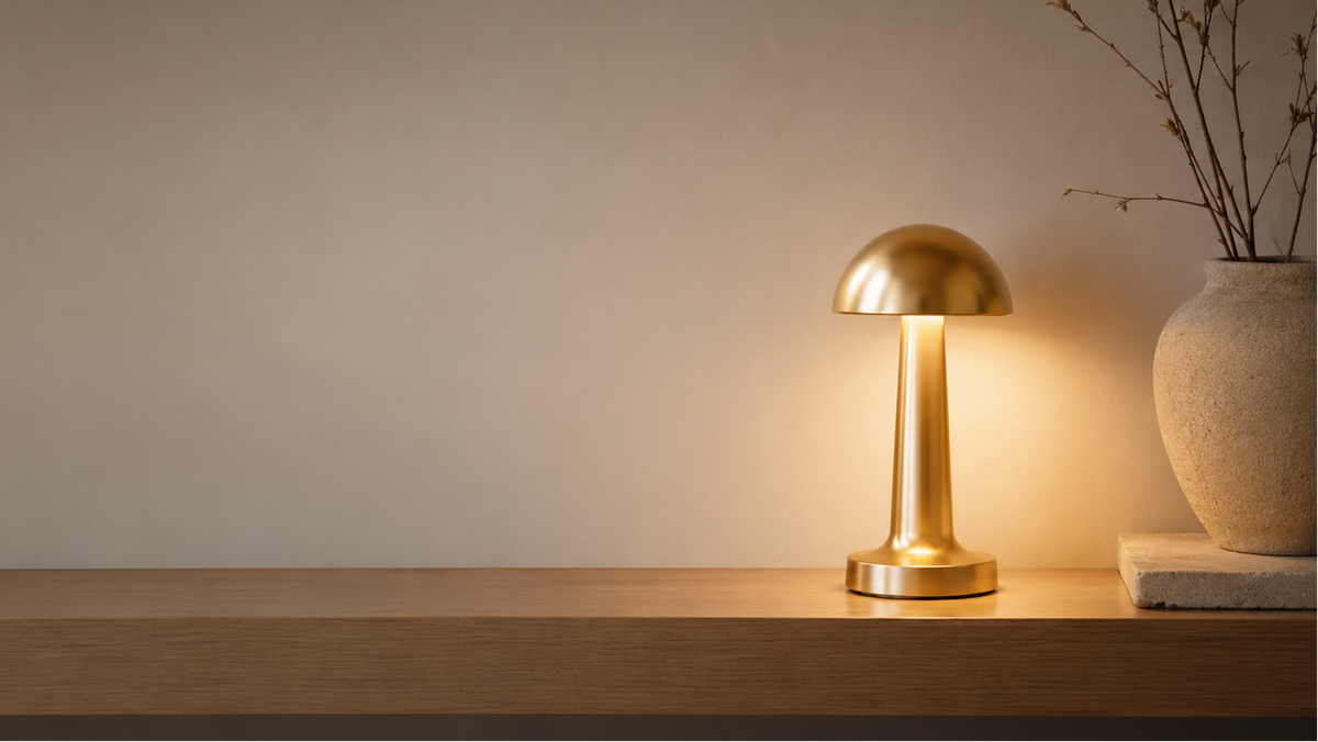 Gold dome LED table lamp with warm glow on a wooden shelf
