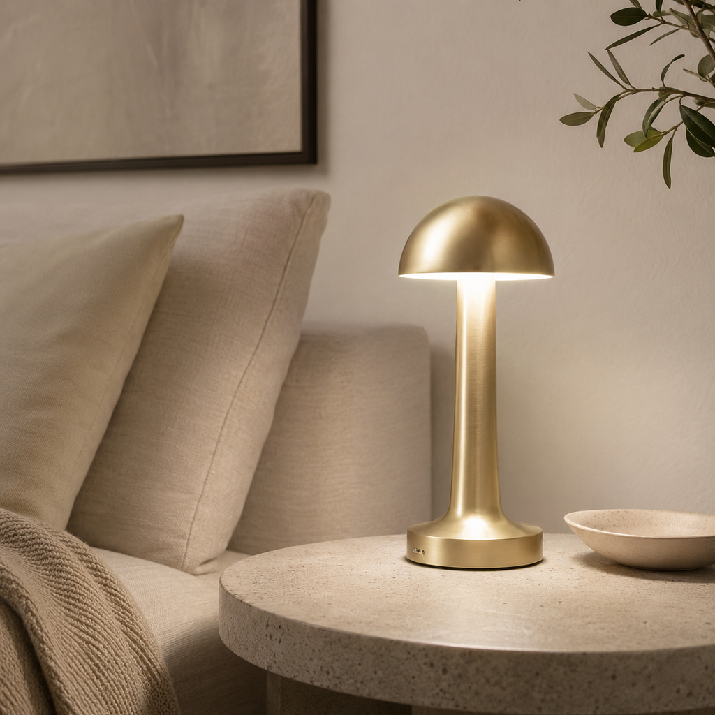 MahMir Dome Cordless LED Table Lamp in gold on a round side table by a sofa