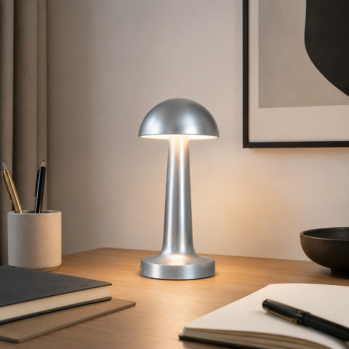 Silver dome cordless LED table lamp glowing on a home office desk