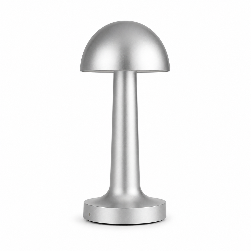 MahMir Dome Cordless Rechargeable LED Table Lamp in silver on a white background
