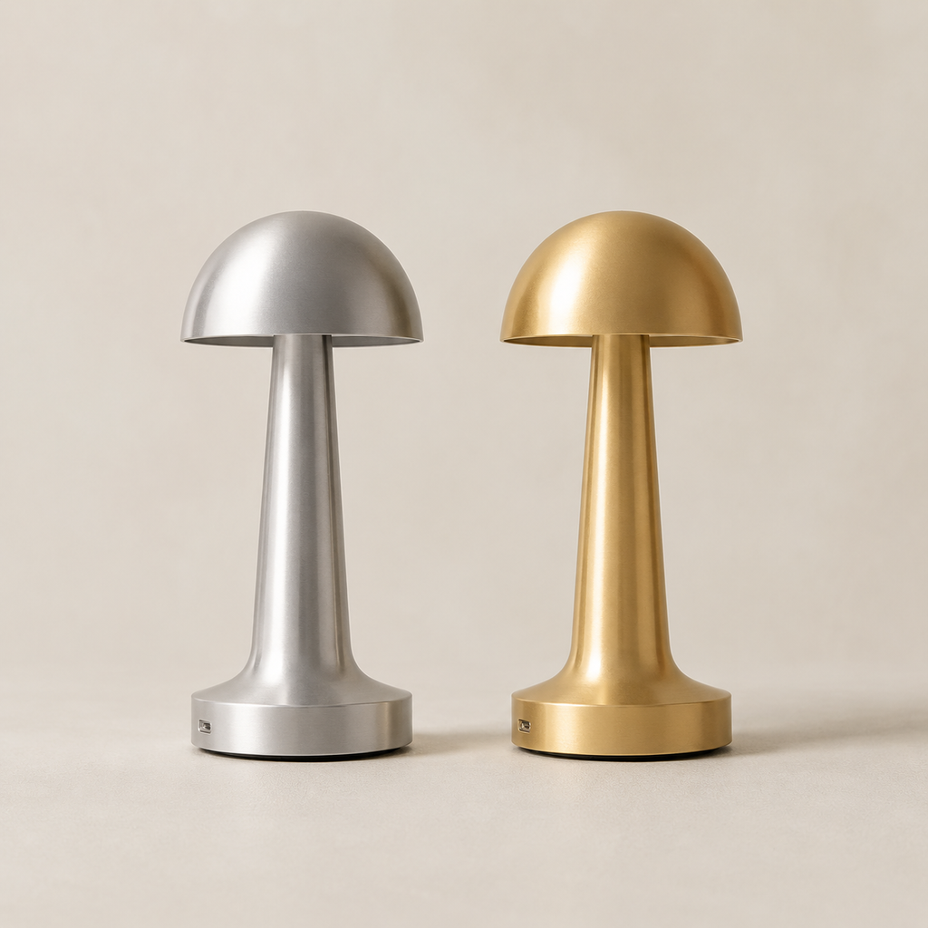 Dome cordless LED table lamp in silver and gold finishes side by side