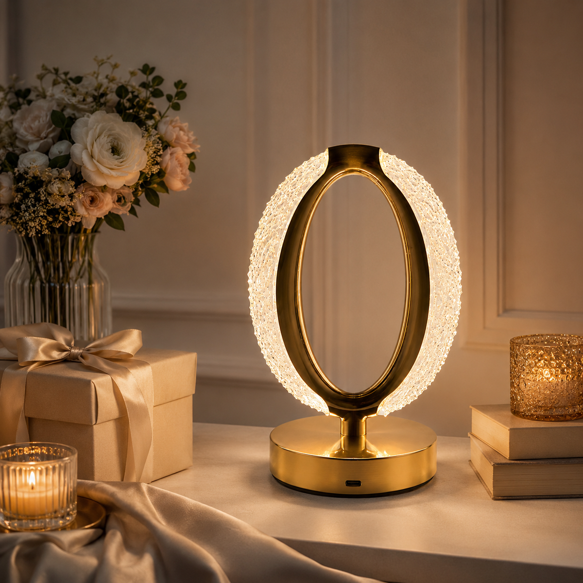 MahMir Gold Oval Crystal Halo Table Lamp glowing warm on a side table with flowers and candles