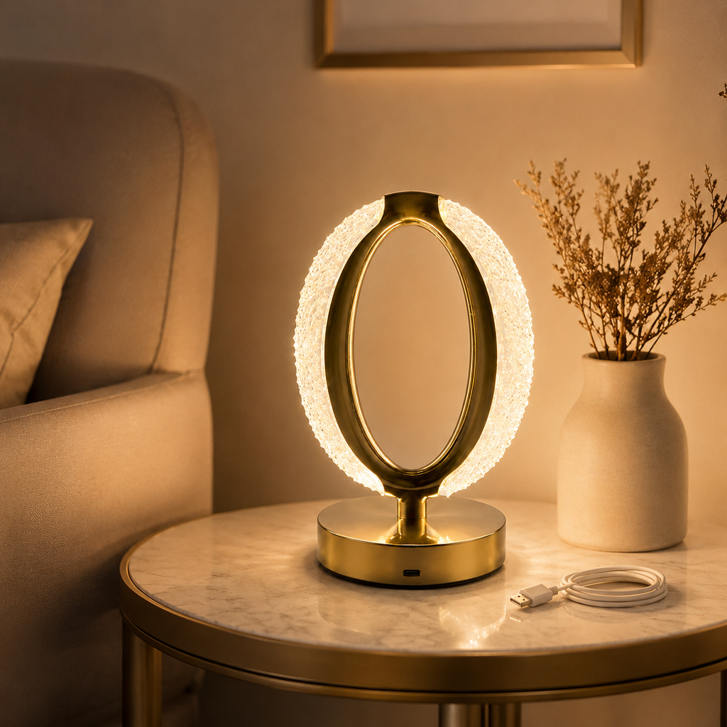 Gold oval crystal halo table lamp on a marble side table beside a sofa