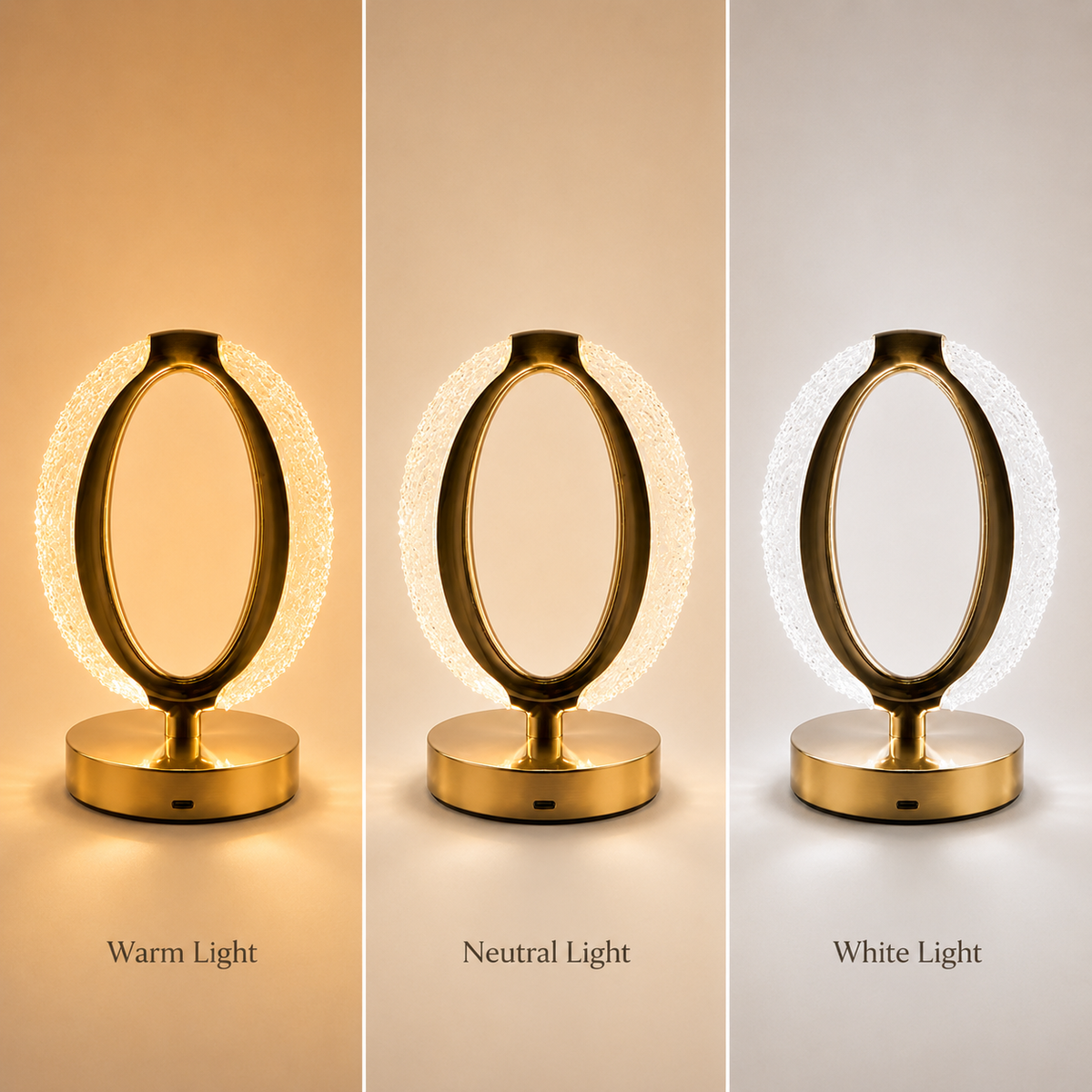 Gold Oval Crystal Halo Table Lamp shown in warm, neutral and white light modes