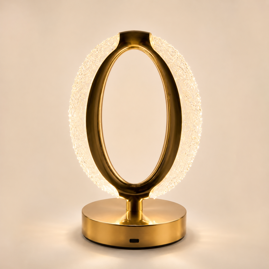 MahMir Gold Oval Crystal Halo Table Lamp front view with crystal-textured halo and gold base