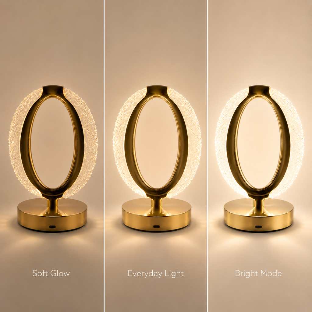 Gold oval crystal halo lamp brightness levels: soft glow, everyday light and bright mode
