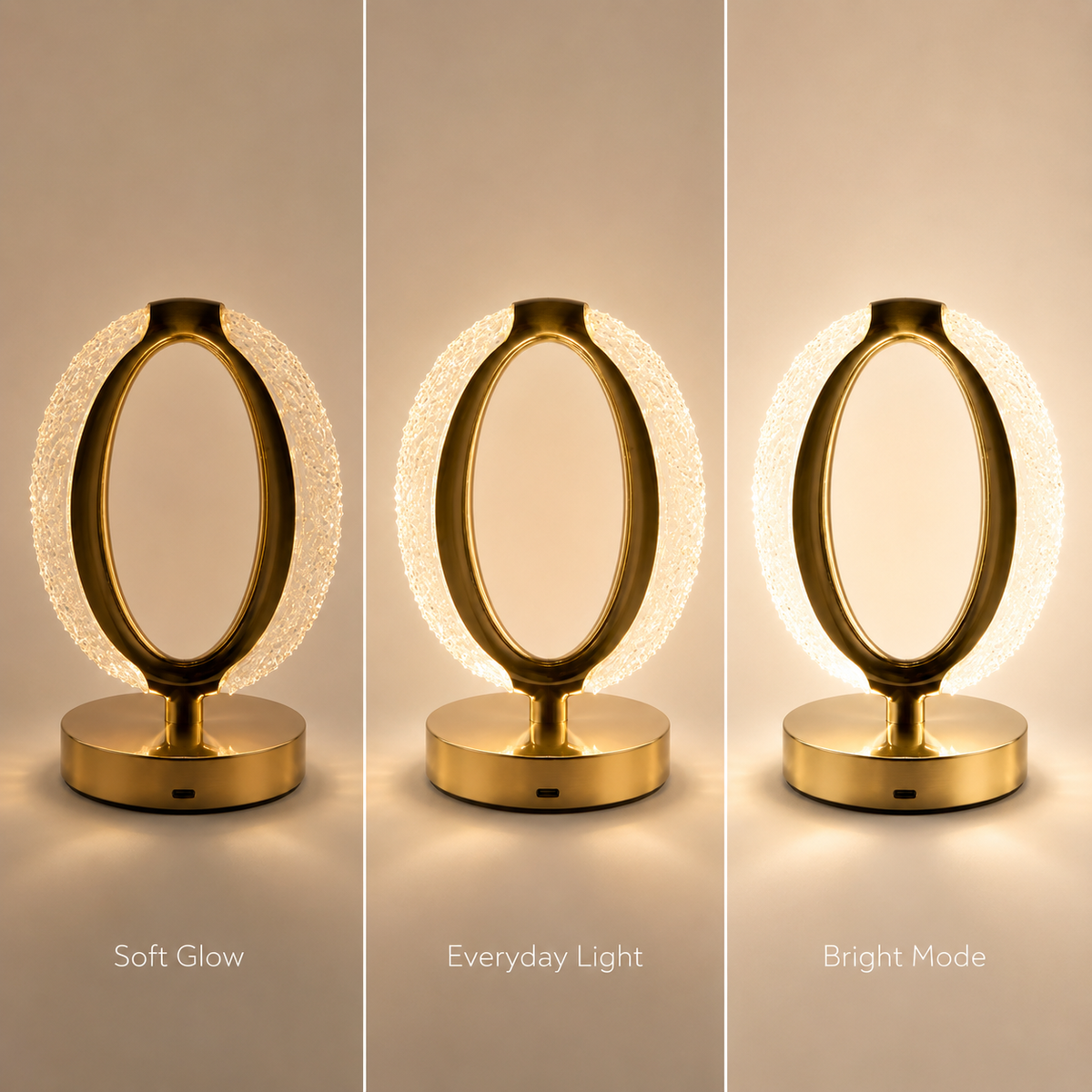 Gold oval crystal halo lamp brightness levels: soft glow, everyday light and bright mode