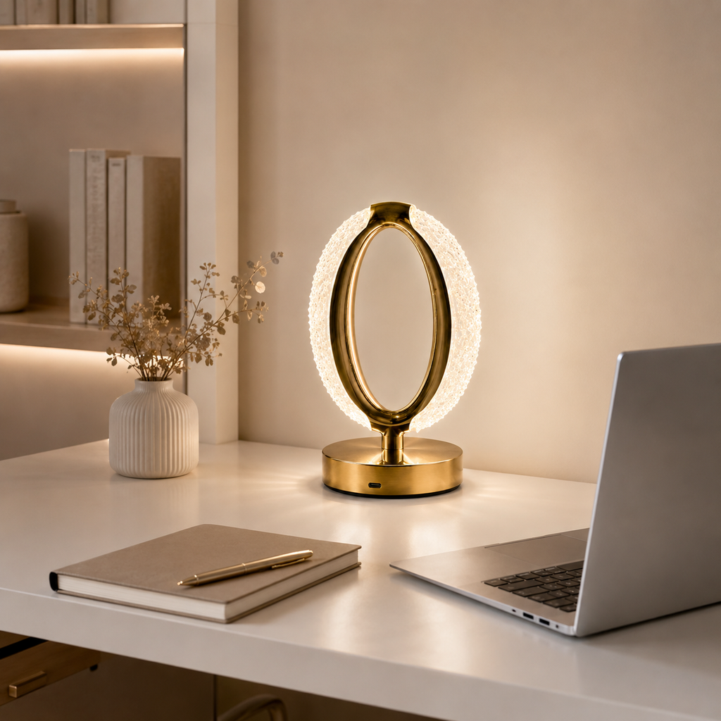 Gold Oval Crystal Halo Table Lamp on a white desk next to a laptop and notebook