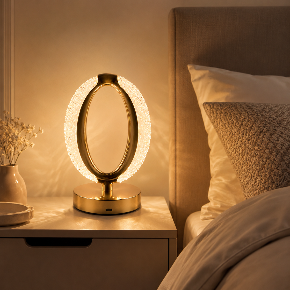 MahMir gold crystal halo lamp glowing on a bedroom nightstand