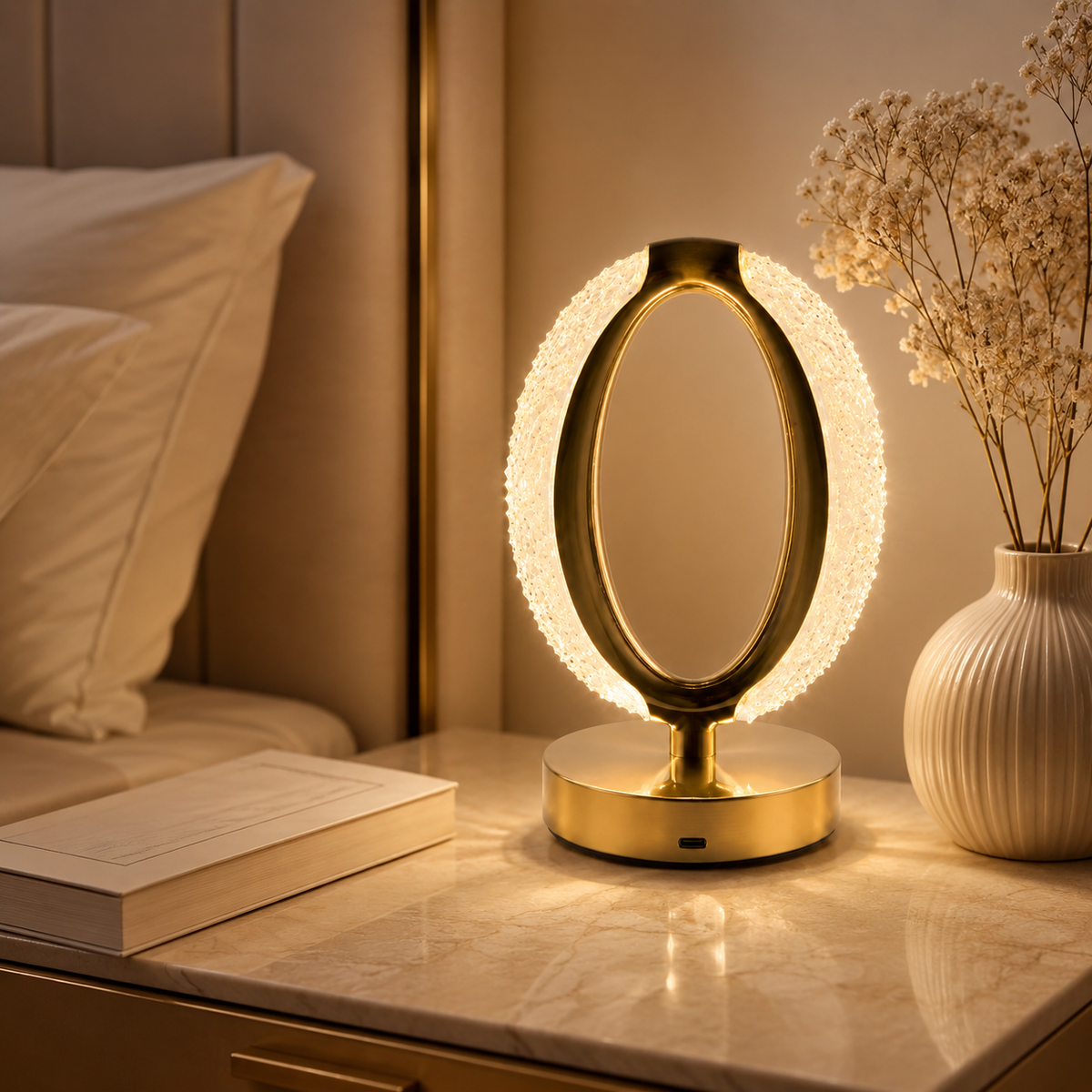 MahMir Gold Oval Crystal Halo Table Lamp on a marble nightstand beside dried flowers