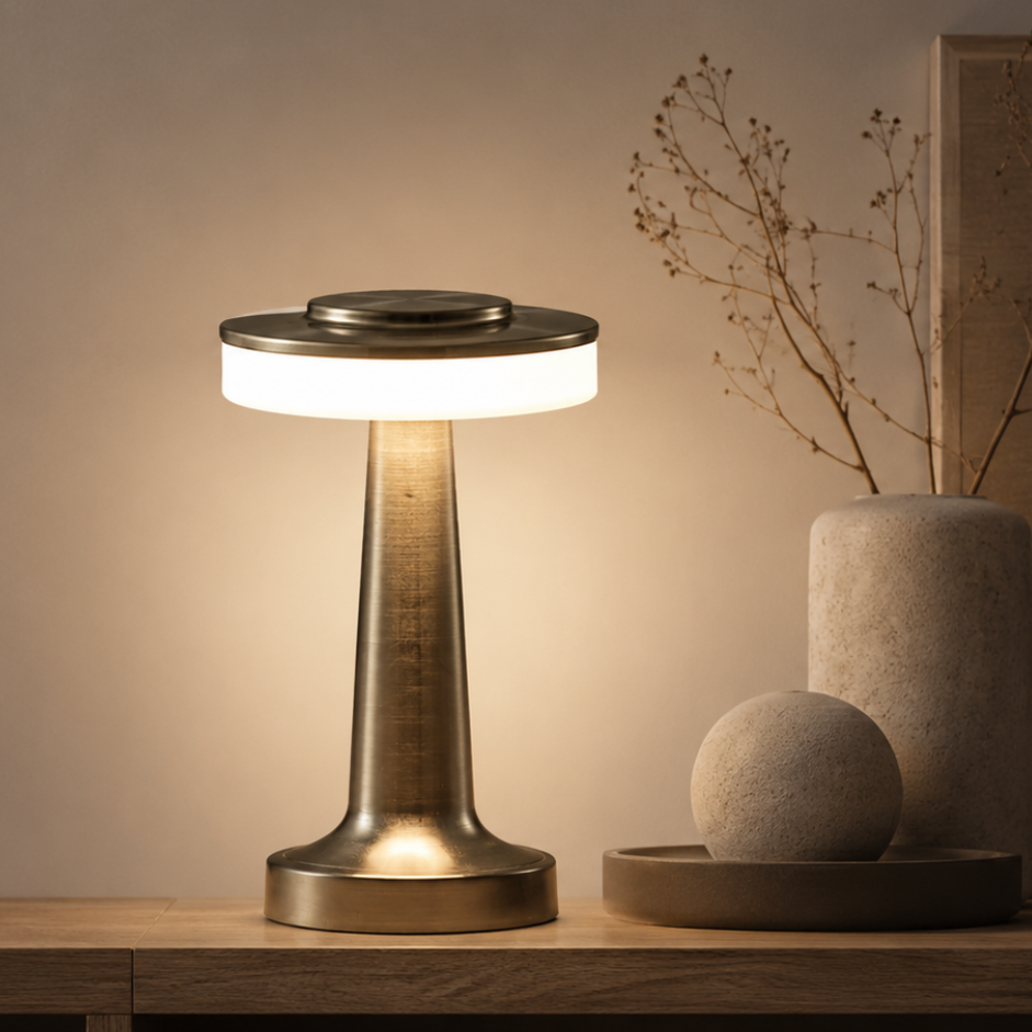 MahMir Halo Rechargeable Cordless LED Table Lamp in bronze on a wooden console