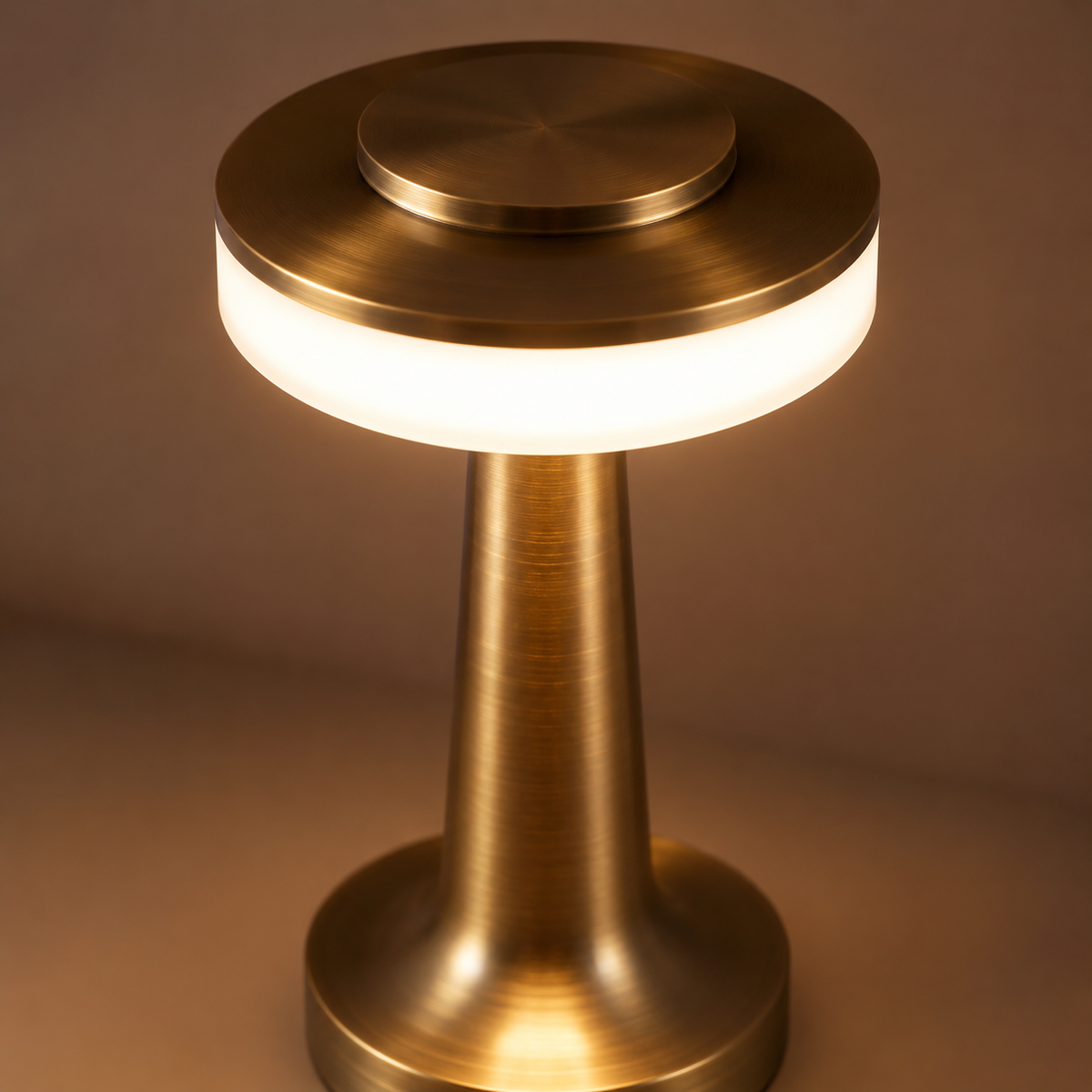 Close-up of the bronze halo shade with glowing LED ring