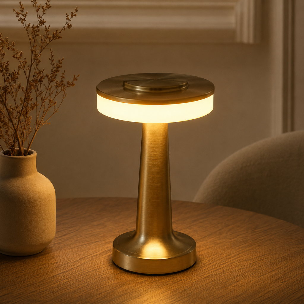 Bronze halo LED table lamp glowing warm on a round wooden table