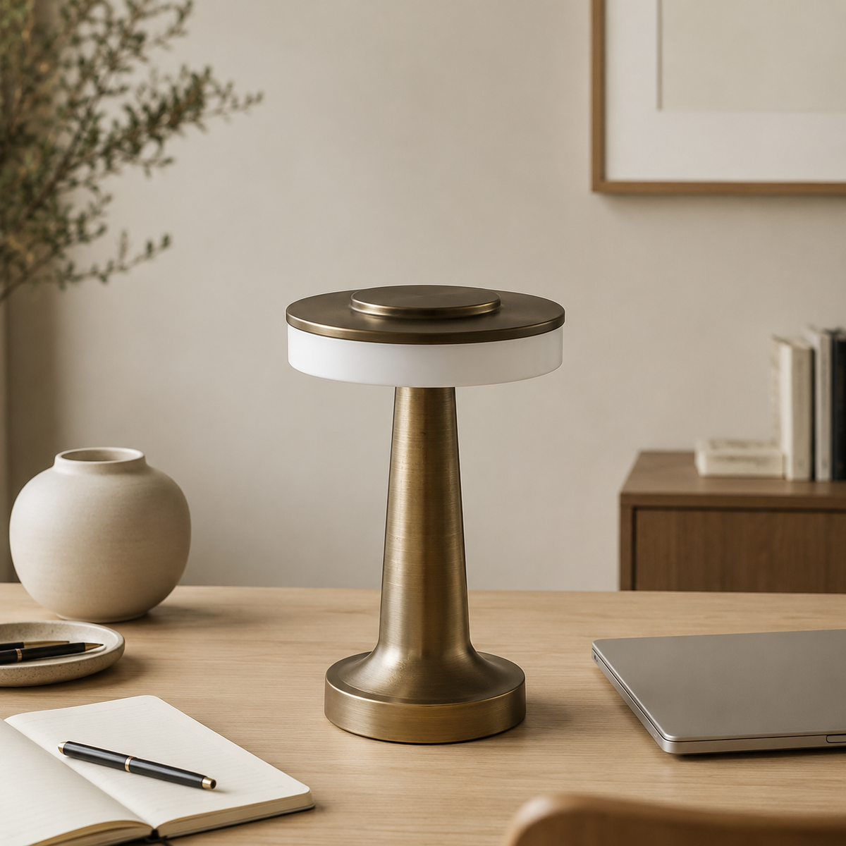 MahMir Halo Cordless LED Table Lamp in bronze on a home office desk