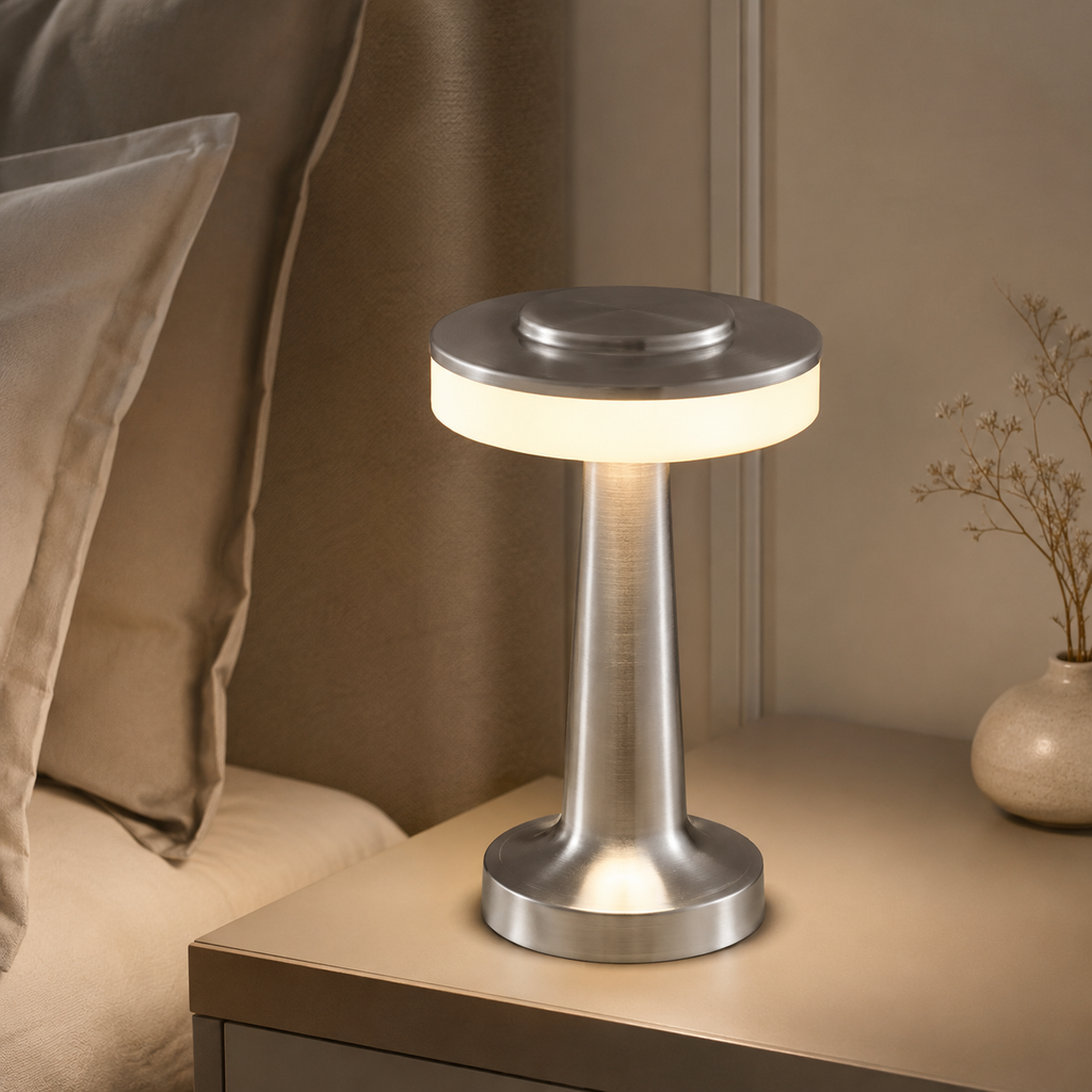 Silver halo cordless LED table lamp glowing on a bedroom nightstand