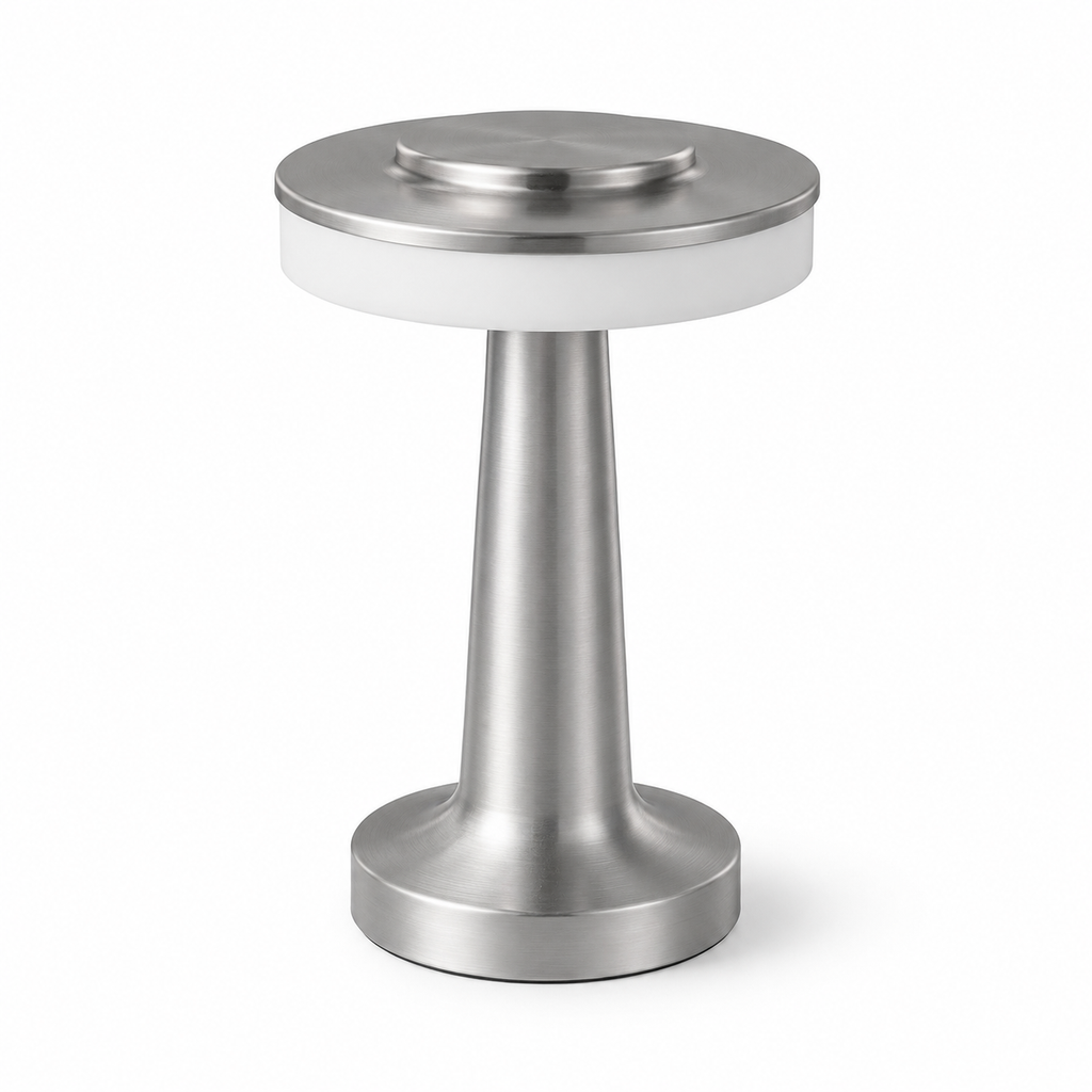 MahMir Halo Rechargeable Cordless LED Table Lamp in silver on a white background