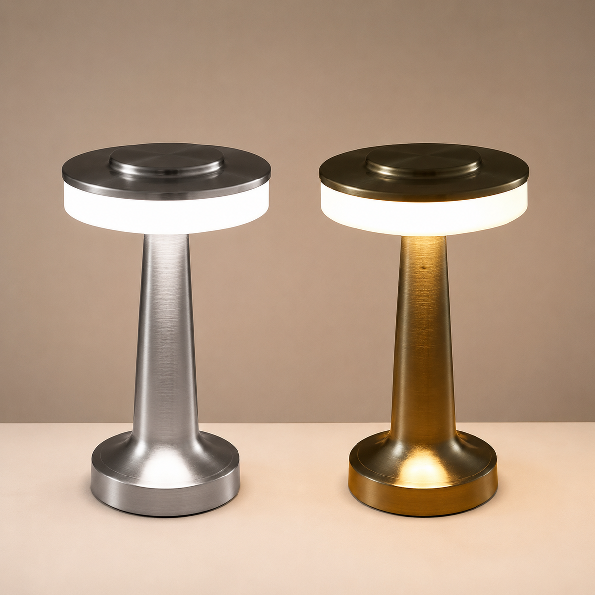 Halo cordless LED table lamp in silver and bronze finishes side by side