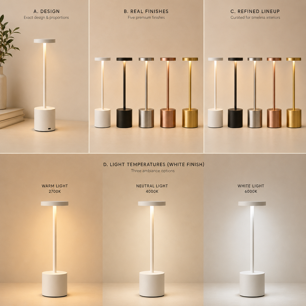 Lumi touch LED table lamp in five finishes and warm, neutral and white light modes
