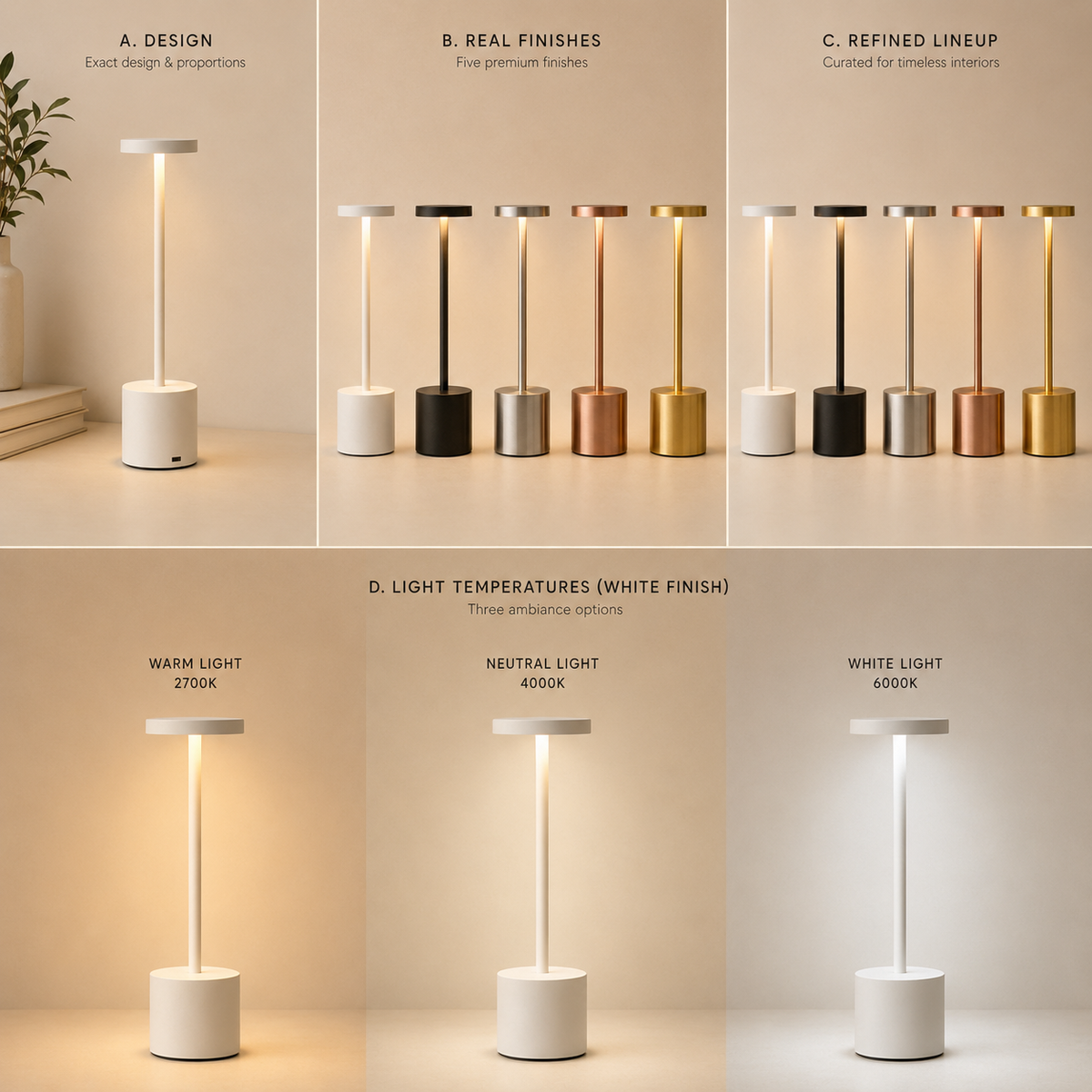 Lumi touch LED table lamp in five finishes and warm, neutral and white light modes