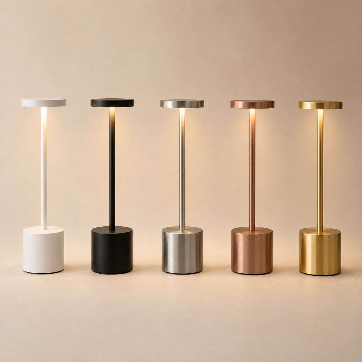 Lumi touch LED table lamp lineup in white, black, silver, bronze and gold