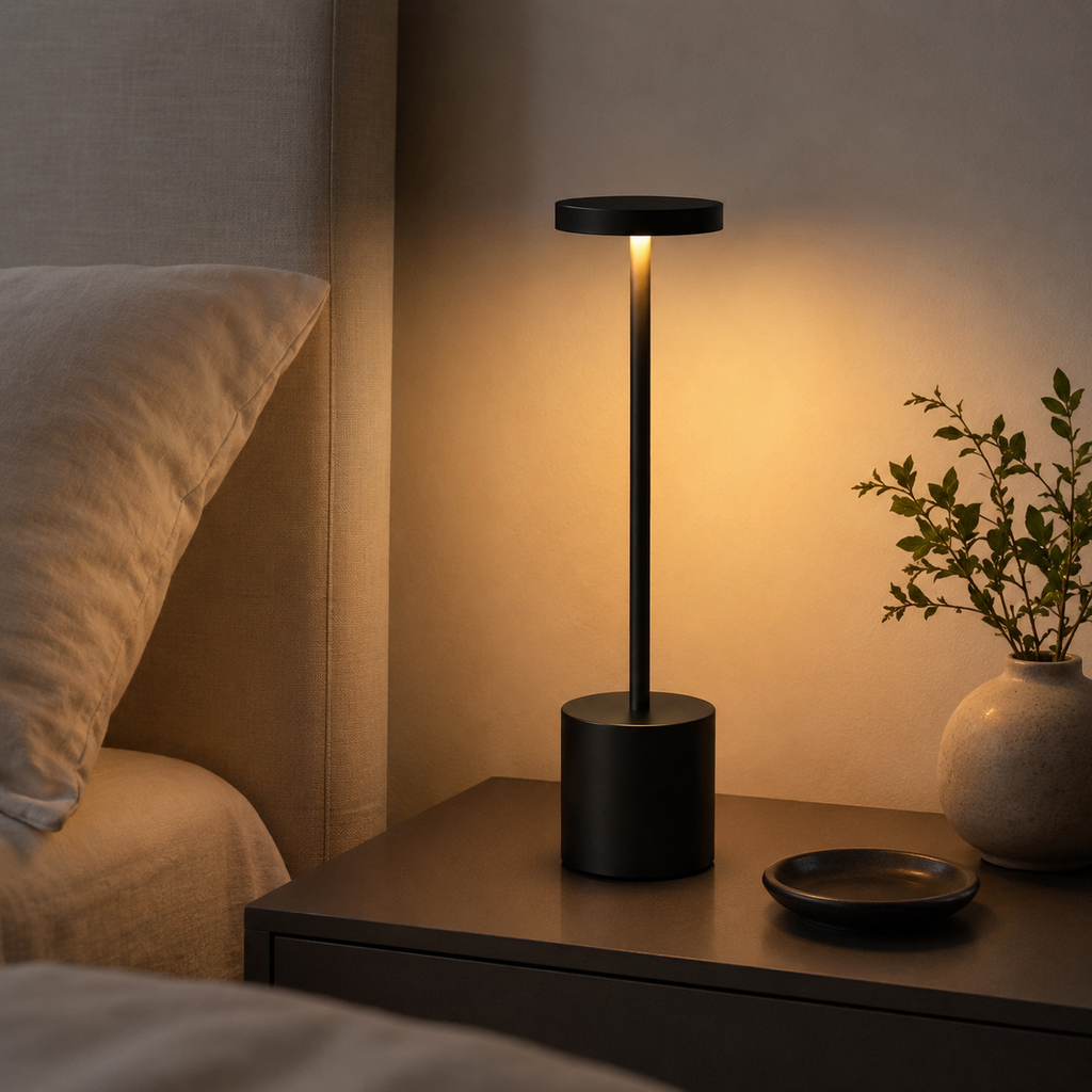 Black Lumi touch LED table lamp glowing on a dark bedroom nightstand