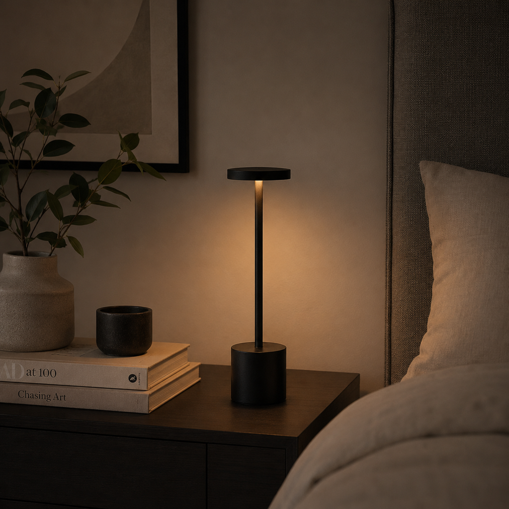 Black cordless touch lamp glowing warm on a nightstand beside books