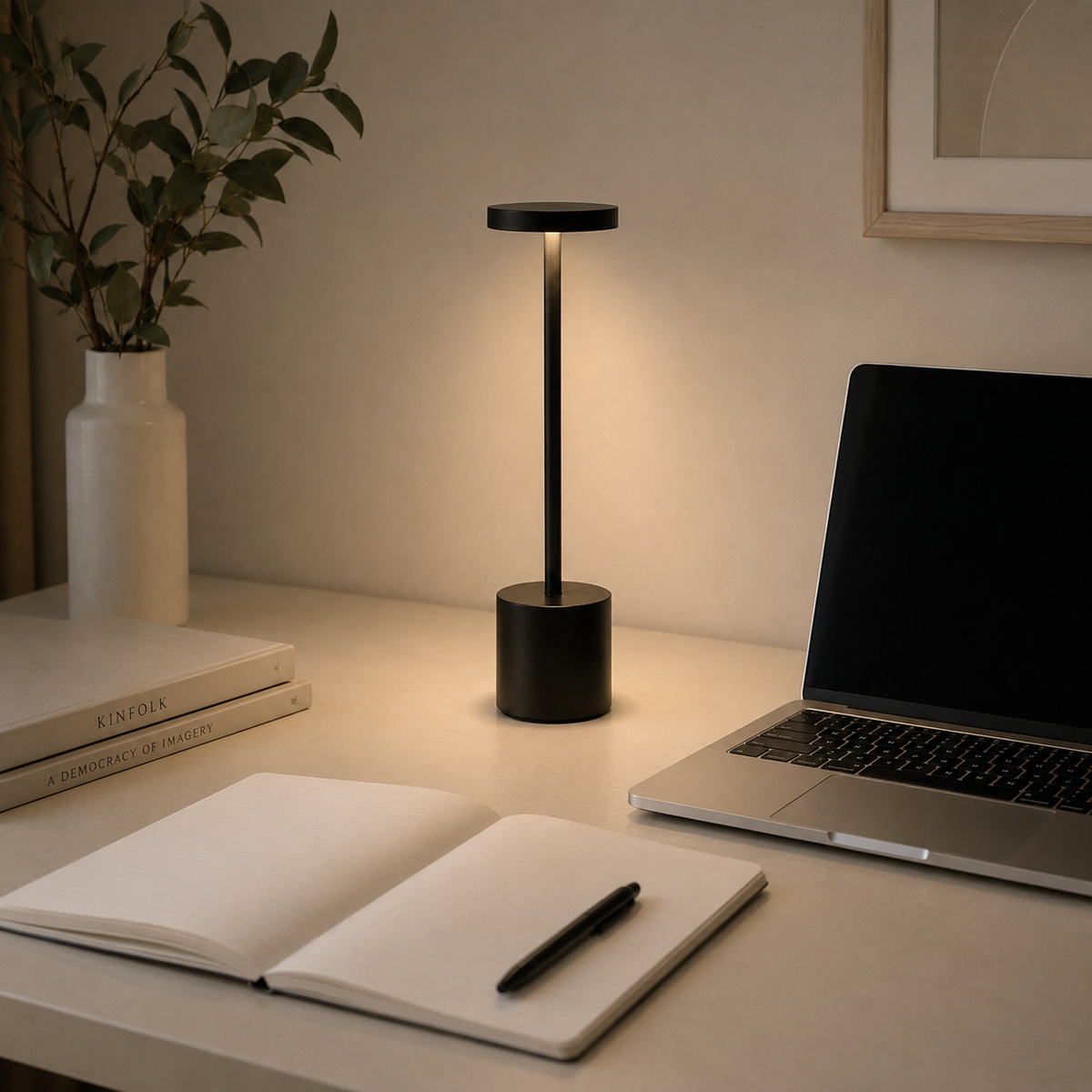 Black Lumi rechargeable LED lamp on a desk next to a laptop