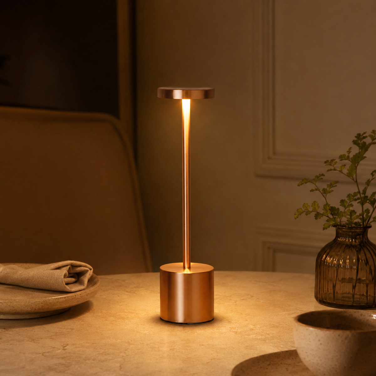 MahMir Lumi Rechargeable Touch LED Table Lamp in bronze on a dining table