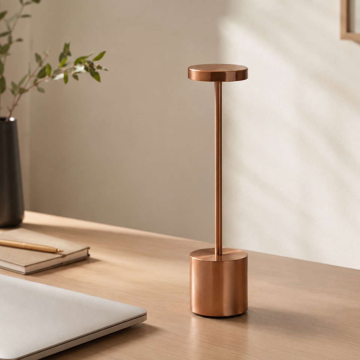 MahMir Lumi Touch LED Table Lamp in bronze on a sunlit desk