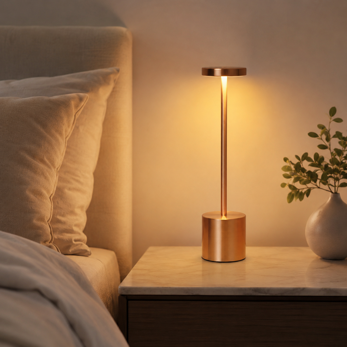 Bronze Lumi rechargeable lamp glowing on a bedroom nightstand