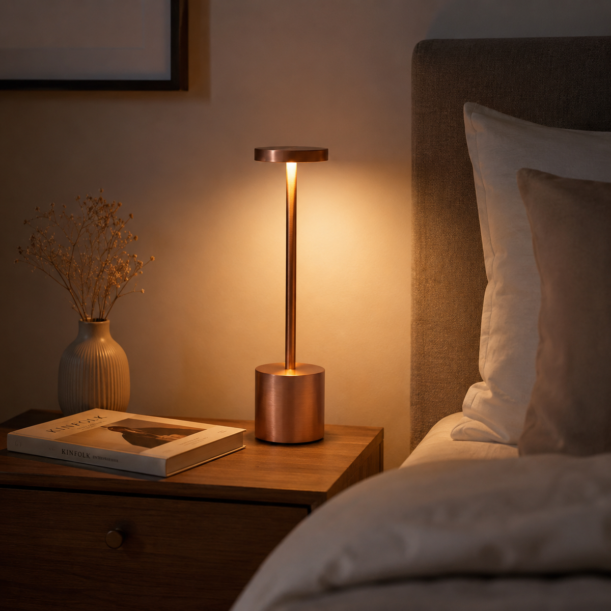 MahMir Lumi Rechargeable Touch LED Table Lamp in bronze on a bedside table