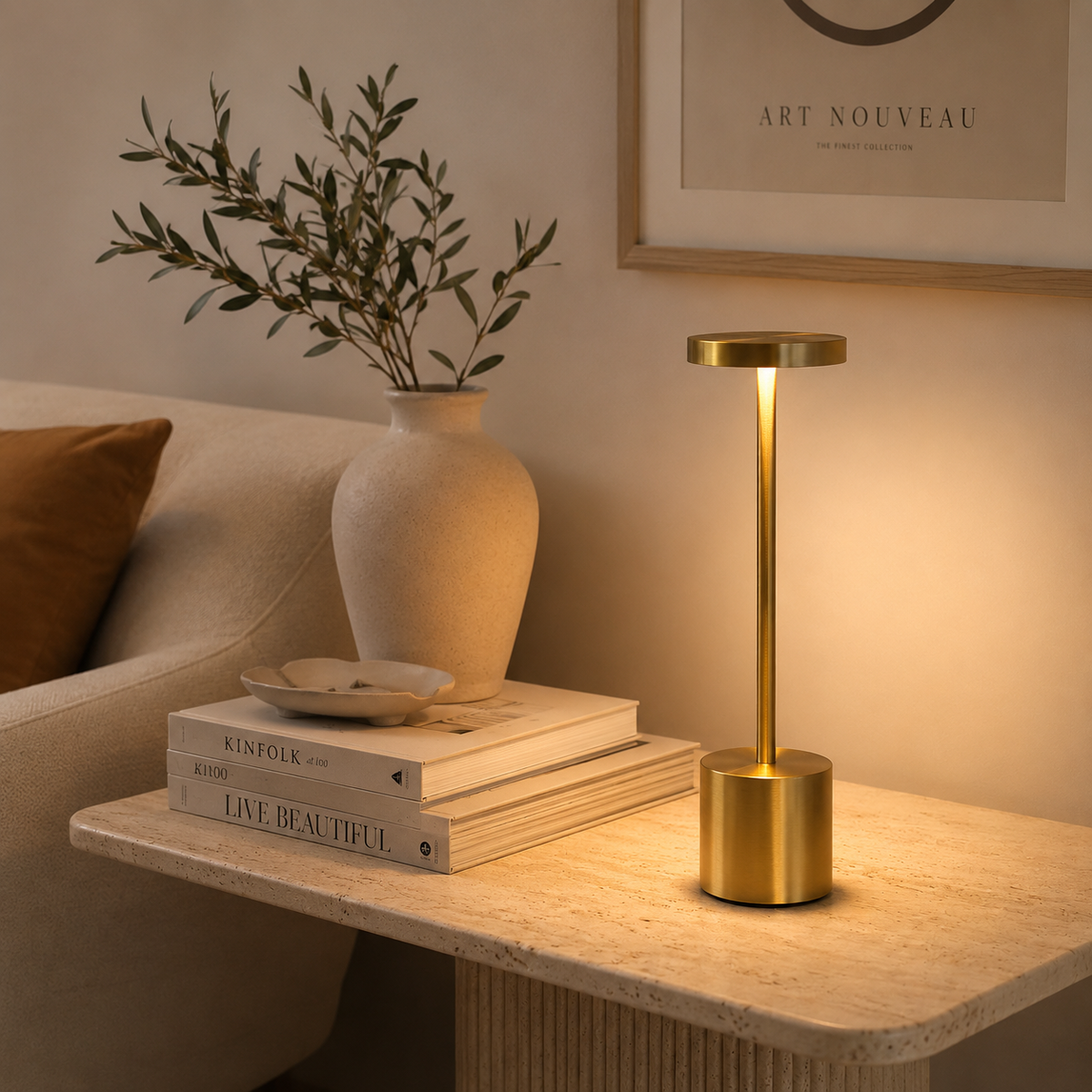 MahMir Lumi Rechargeable Touch LED Table Lamp in gold on a stone side table