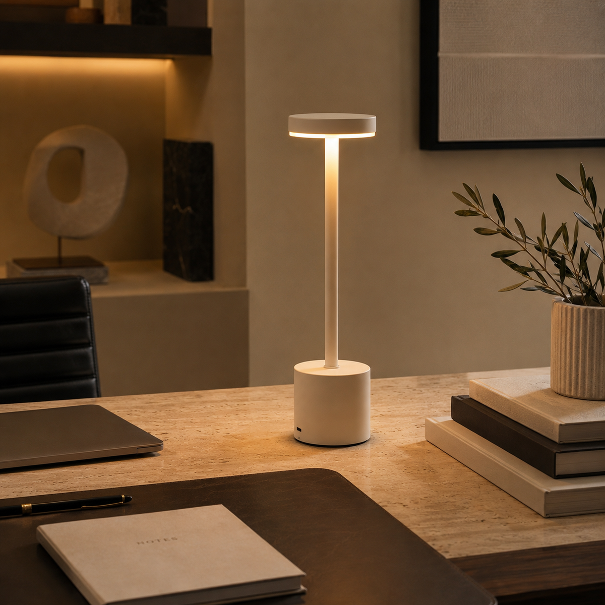 White Lumi touch LED table lamp on a home office desk